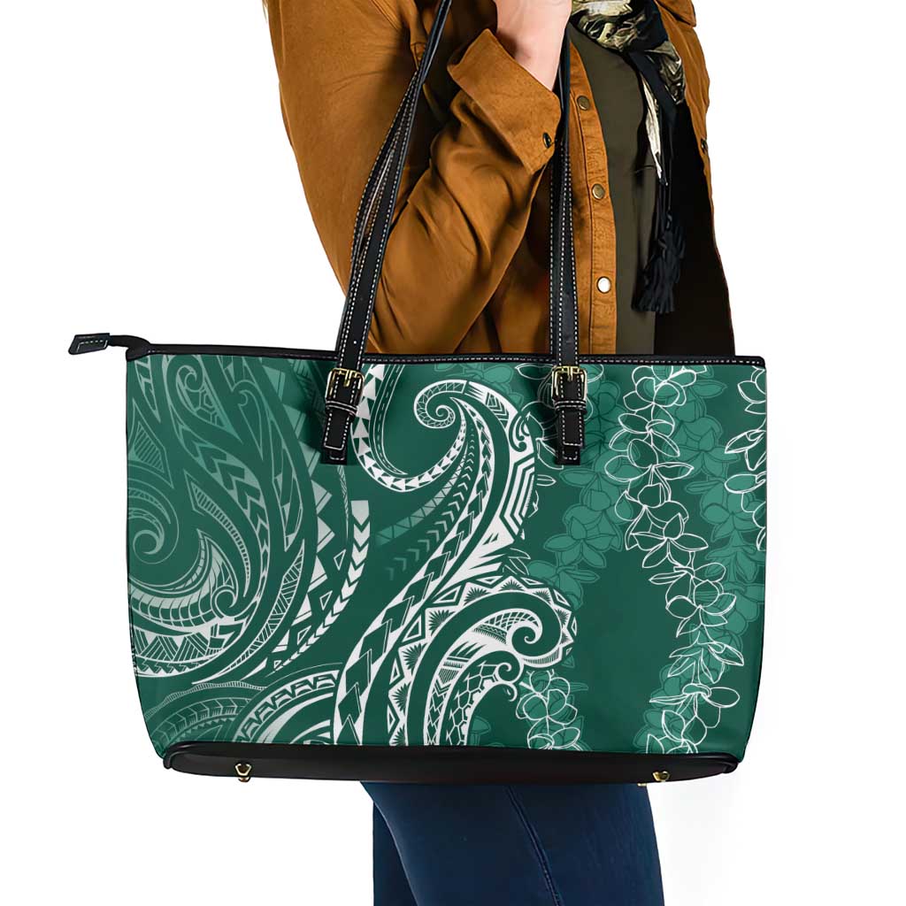 Polynesia Plumeria Lei Leather Tote Bag Sage Green Curves Motif