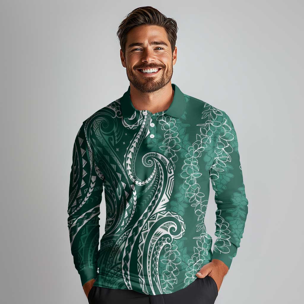 Polynesia Plumeria Lei Long Sleeve Polo Shirt Sage Green Curves Motif