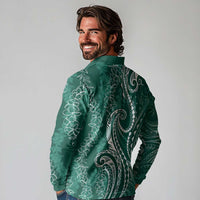 Polynesia Plumeria Lei Long Sleeve Polo Shirt Sage Green Curves Motif