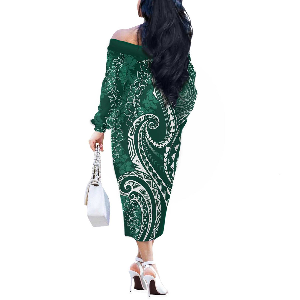 Polynesia Plumeria Lei Off The Shoulder Long Sleeve Dress Sage Green Curves Motif