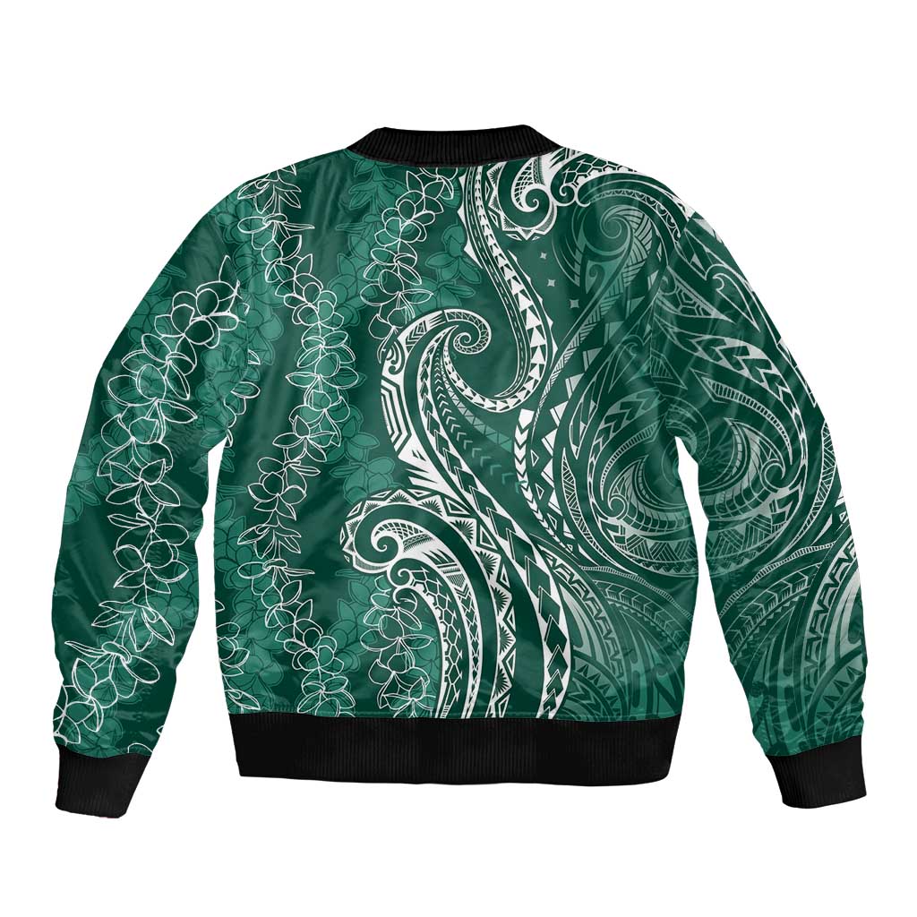 Polynesia Plumeria Lei Sleeve Zip Bomber Jacket Sage Green Curves Motif