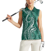 Polynesia Plumeria Lei Women Sleeveless Polo Shirt Sage Green Curves Motif
