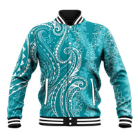 Polynesia Plumeria Lei Baseball Jacket Teal Curves Motif