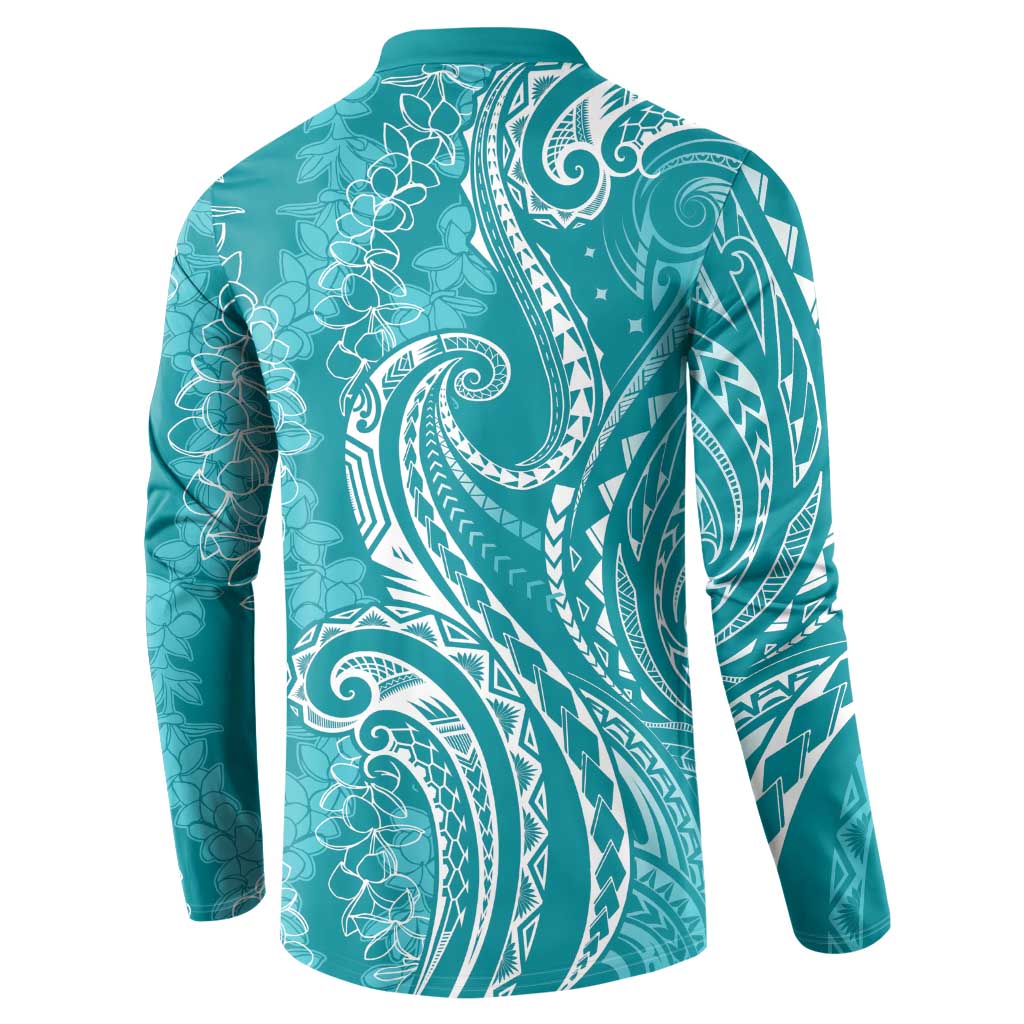Polynesia Plumeria Lei Button Sweatshirt Teal Curves Motif