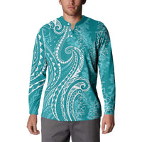 Polynesia Plumeria Lei Button Sweatshirt Teal Curves Motif