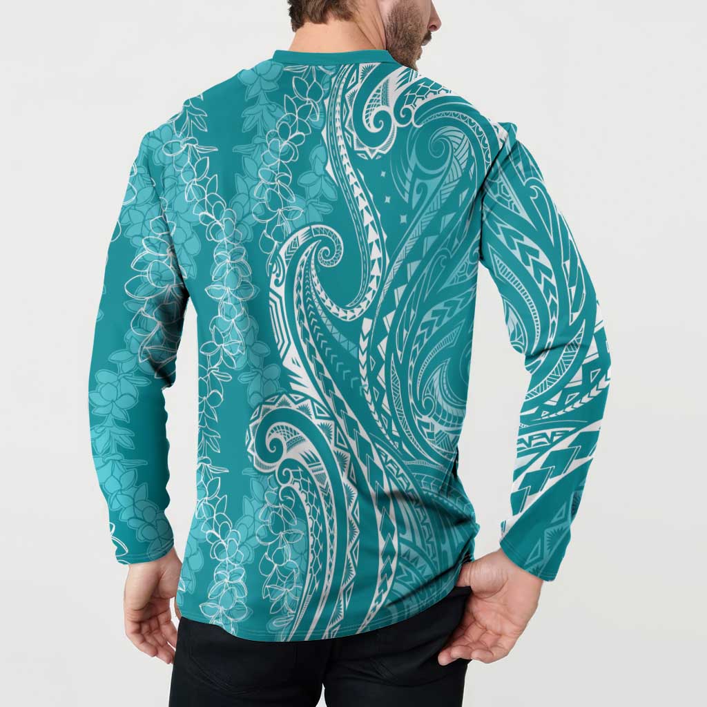 Polynesia Plumeria Lei Button Sweatshirt Teal Curves Motif