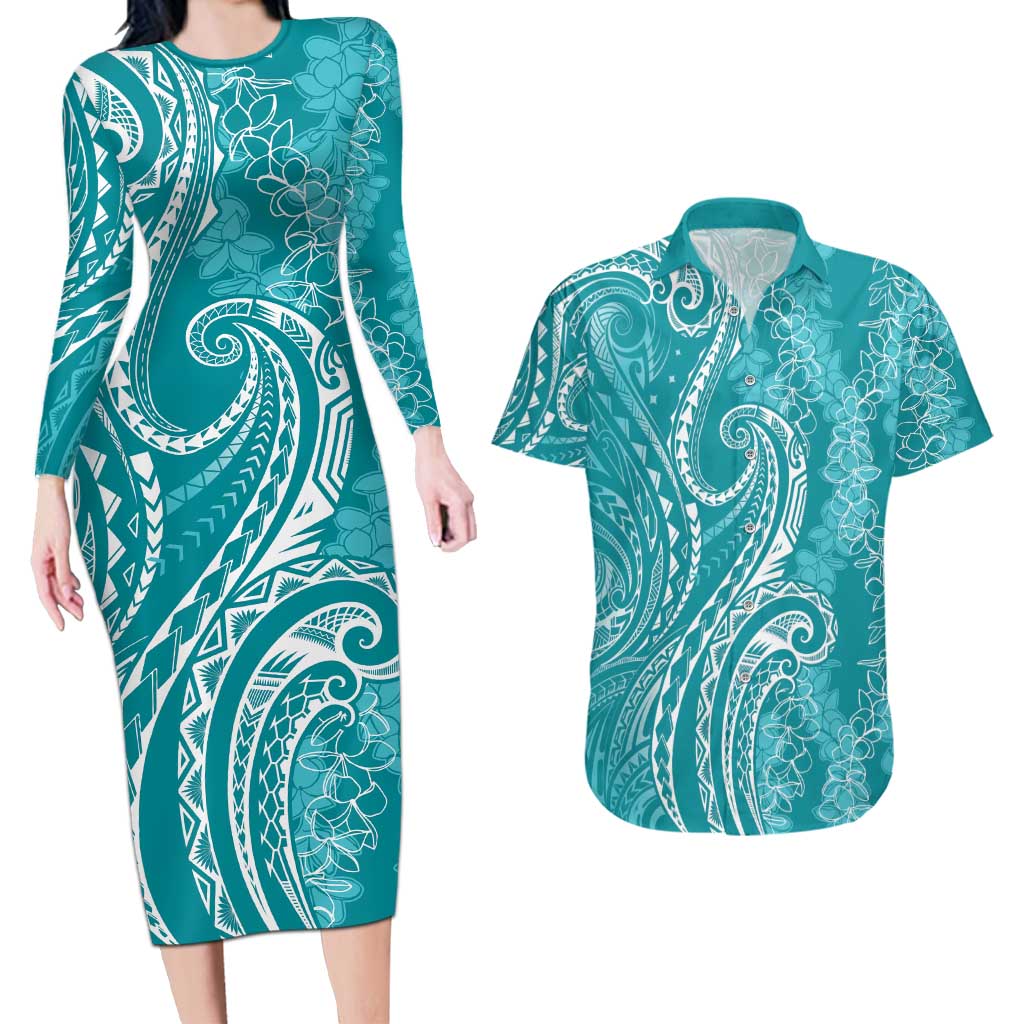 Polynesia Plumeria Lei Couples Matching Long Sleeve Bodycon Dress and Hawaiian Shirt Teal Curves Motif LT7 Teal - Polynesian Pride