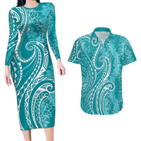 Polynesia Plumeria Lei Couples Matching Long Sleeve Bodycon Dress and Hawaiian Shirt Teal Curves Motif LT7 Teal - Polynesian Pride