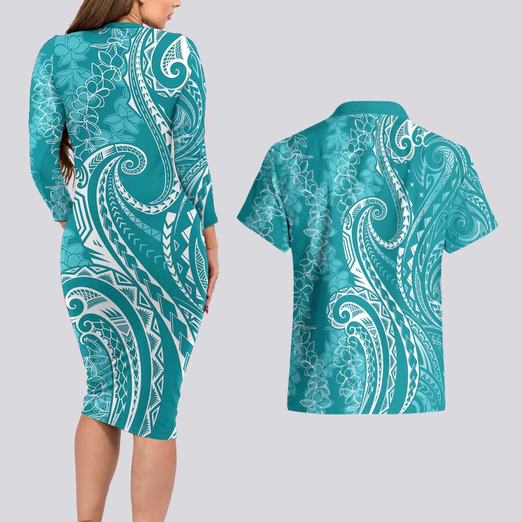 Polynesia Plumeria Lei Couples Matching Long Sleeve Bodycon Dress and Hawaiian Shirt Teal Curves Motif LT7 - Polynesian Pride