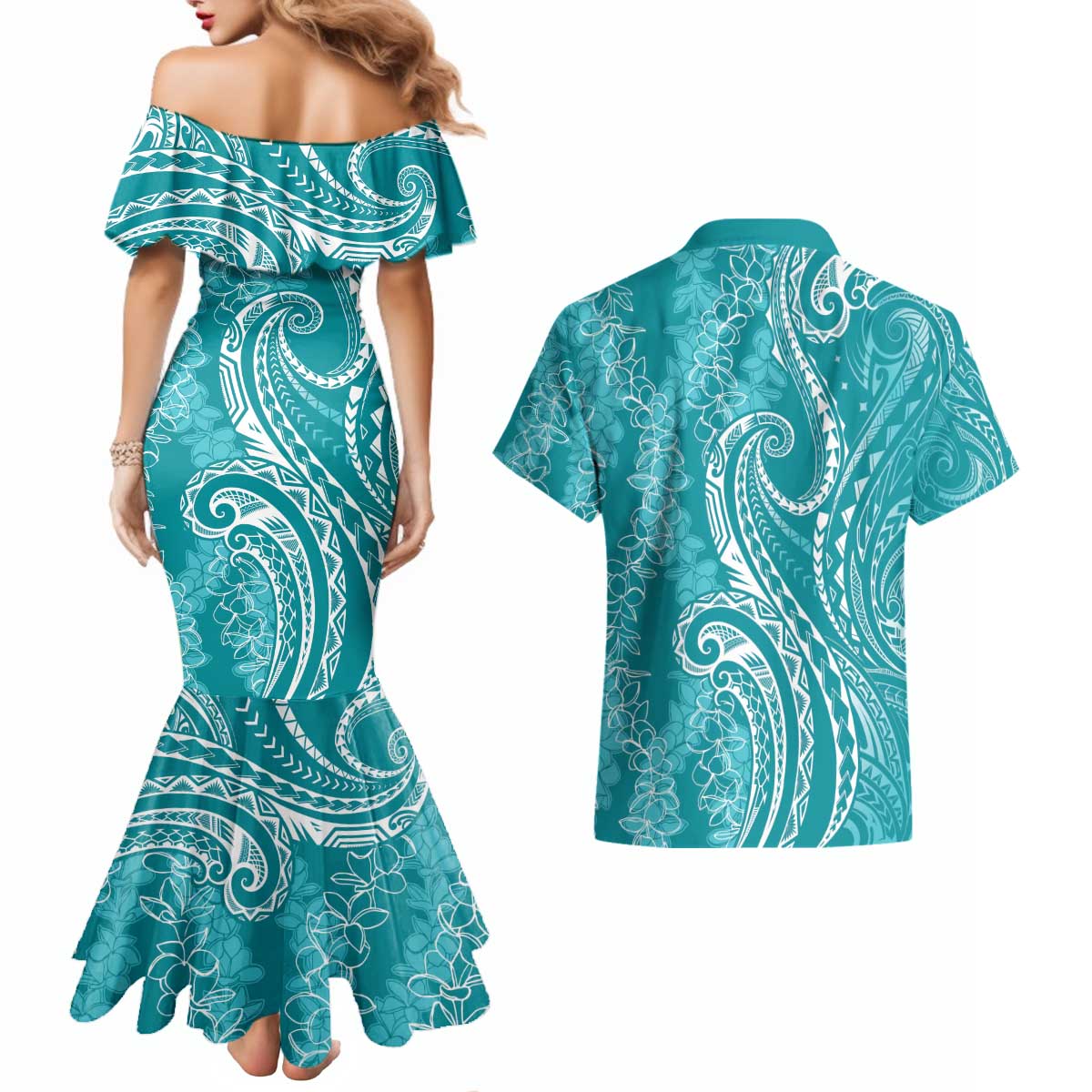 Polynesia Plumeria Lei Couples Matching Mermaid Dress and Hawaiian Shirt Teal Curves Motif LT7 - Polynesian Pride