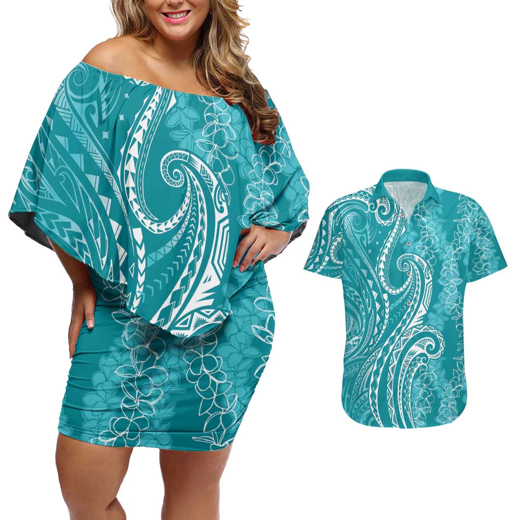 Polynesia Plumeria Lei Couples Matching Off Shoulder Short Dress and Hawaiian Shirt Teal Curves Motif LT7 Teal - Polynesian Pride