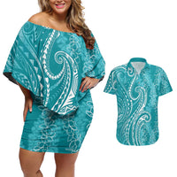Polynesia Plumeria Lei Couples Matching Off Shoulder Short Dress and Hawaiian Shirt Teal Curves Motif LT7 Teal - Polynesian Pride