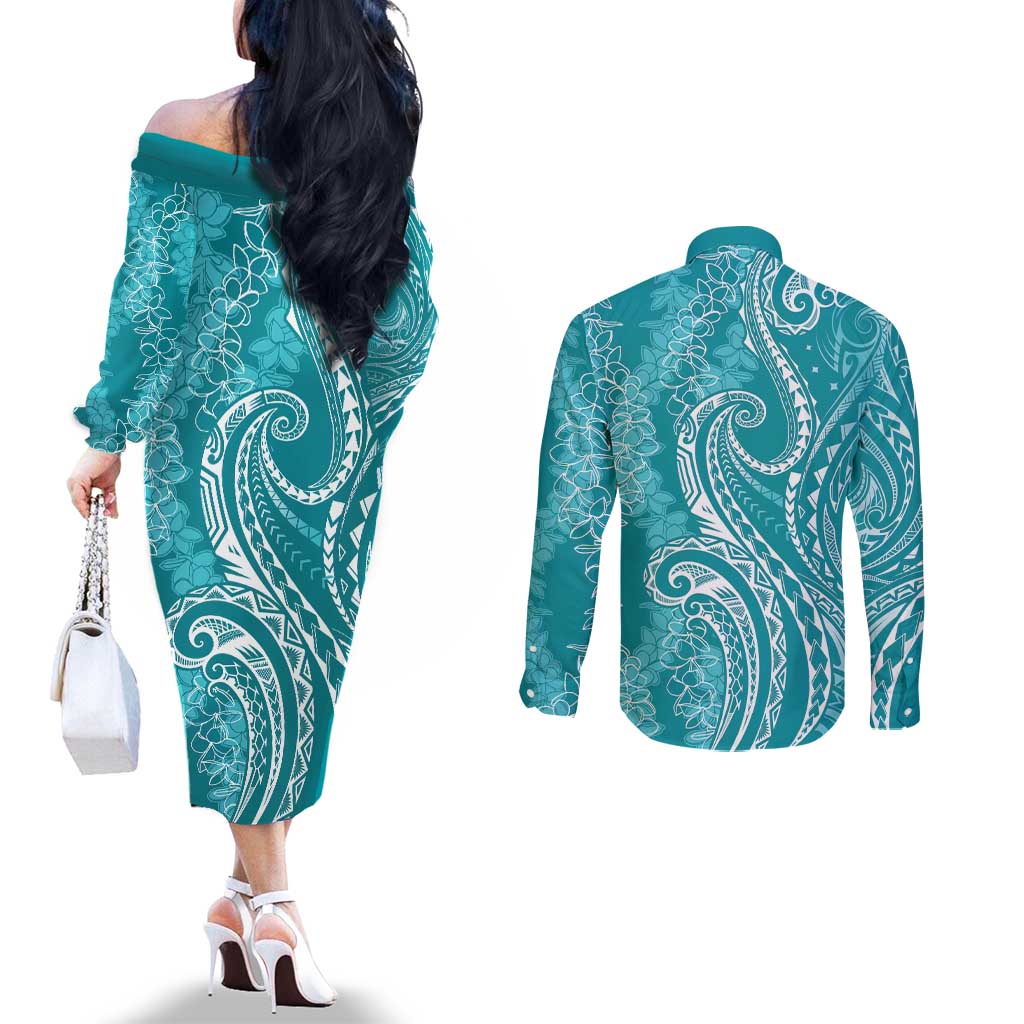 Polynesia Plumeria Lei Couples Matching Off The Shoulder Long Sleeve Dress and Long Sleeve Button Shirt Teal Curves Motif LT7 - Polynesian Pride