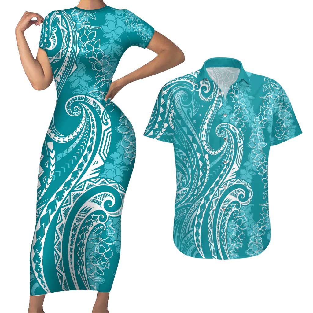 Polynesia Plumeria Lei Couples Matching Short Sleeve Bodycon Dress and Hawaiian Shirt Teal Curves Motif LT7 Teal - Polynesian Pride