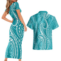 Polynesia Plumeria Lei Couples Matching Short Sleeve Bodycon Dress and Hawaiian Shirt Teal Curves Motif LT7 - Polynesian Pride