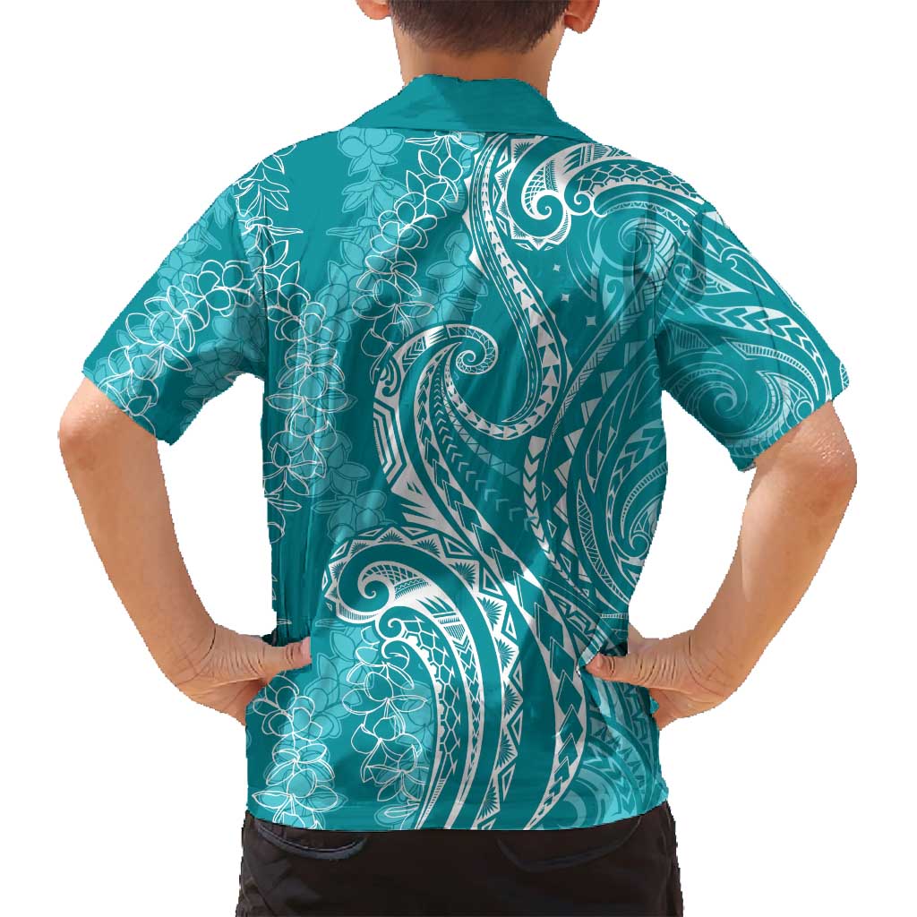 Polynesia Plumeria Lei Family Matching Long Sleeve Bodycon Dress and Hawaiian Shirt Teal Curves Motif LT7 - Polynesian Pride