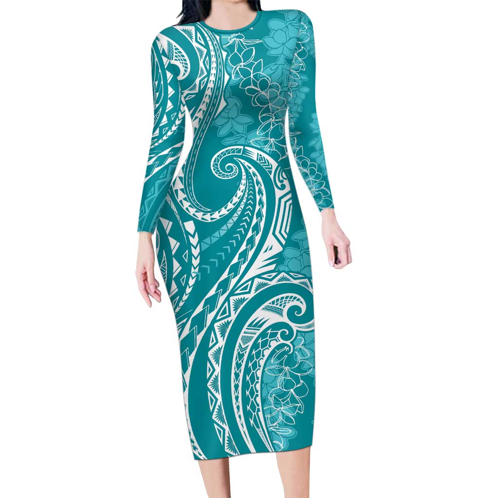 Polynesia Plumeria Lei Family Matching Long Sleeve Bodycon Dress and Hawaiian Shirt Teal Curves Motif LT7 Mom's Dress Teal - Polynesian Pride