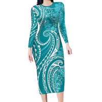 Polynesia Plumeria Lei Family Matching Long Sleeve Bodycon Dress and Hawaiian Shirt Teal Curves Motif LT7 Mom's Dress Teal - Polynesian Pride