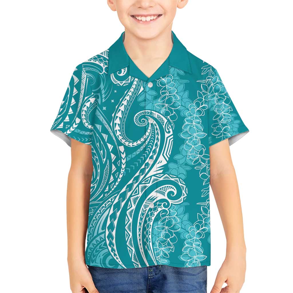 Polynesia Plumeria Lei Family Matching Long Sleeve Bodycon Dress and Hawaiian Shirt Teal Curves Motif LT7 Son's Shirt Teal - Polynesian Pride