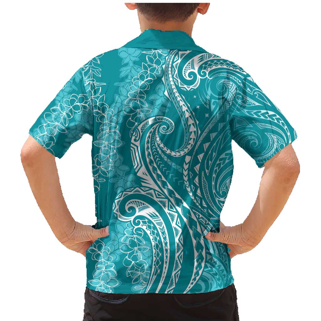 Polynesia Plumeria Lei Family Matching Mermaid Dress and Hawaiian Shirt Teal Curves Motif LT7 - Polynesian Pride