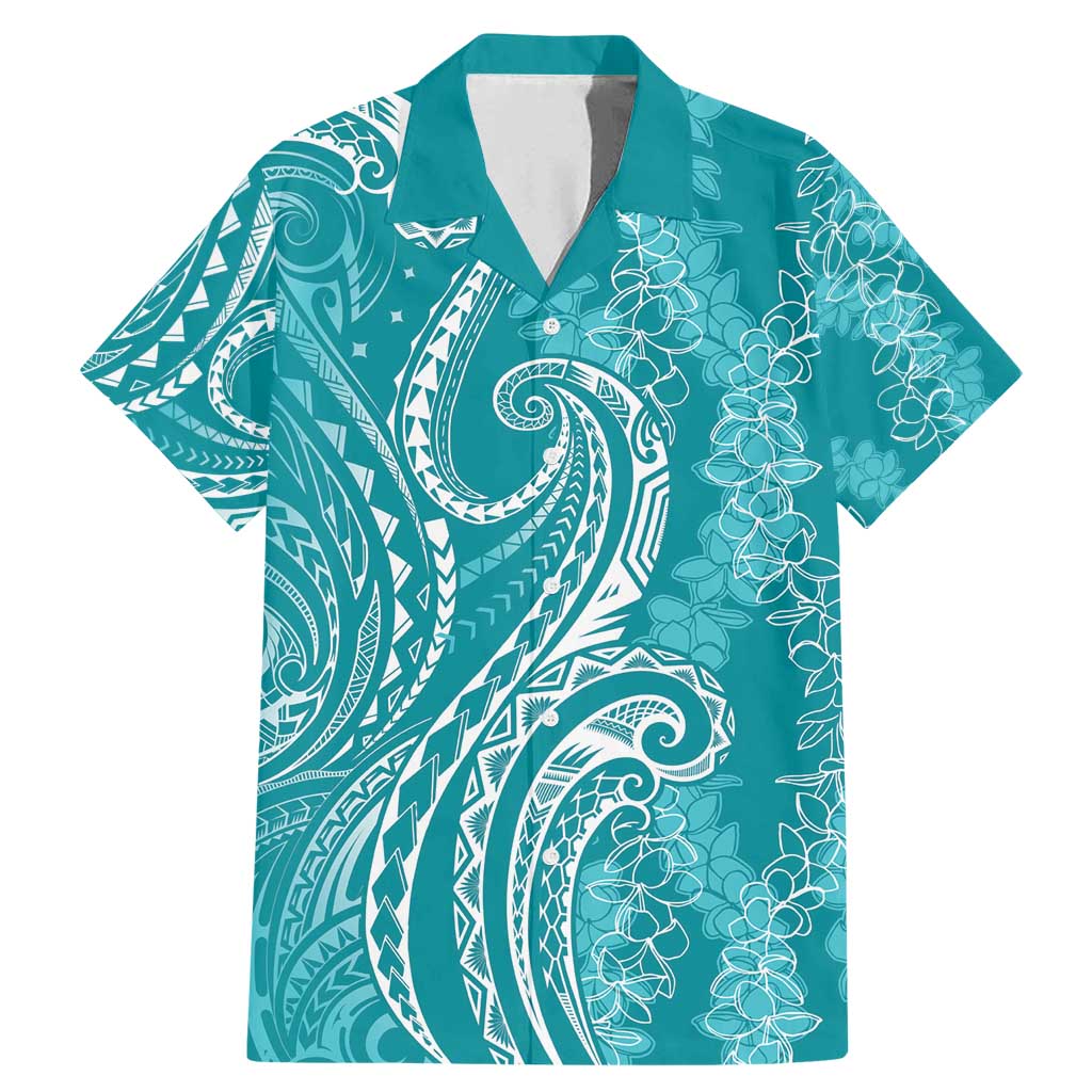 Polynesia Plumeria Lei Family Matching Mermaid Dress and Hawaiian Shirt Teal Curves Motif LT7 Dad's Shirt - Short Sleeve Teal - Polynesian Pride