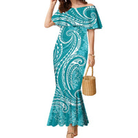 Polynesia Plumeria Lei Family Matching Mermaid Dress and Hawaiian Shirt Teal Curves Motif LT7 Mom's Dress Teal - Polynesian Pride