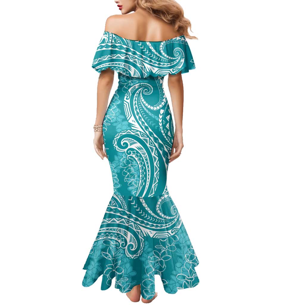 Polynesia Plumeria Lei Family Matching Mermaid Dress and Hawaiian Shirt Teal Curves Motif LT7 - Polynesian Pride