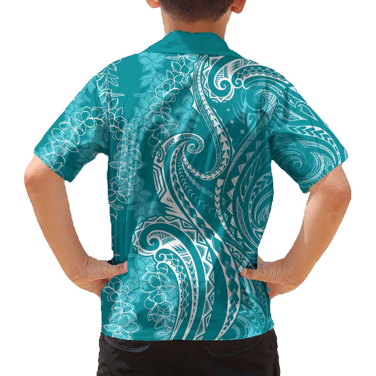 Polynesia Plumeria Lei Family Matching Off The Shoulder Long Sleeve Dress and Hawaiian Shirt Teal Curves Motif LT7 - Polynesian Pride