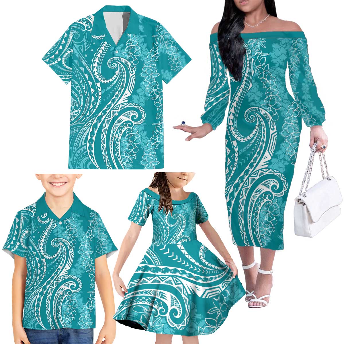 Polynesia Plumeria Lei Family Matching Off The Shoulder Long Sleeve Dress and Hawaiian Shirt Teal Curves Motif LT7 - Polynesian Pride