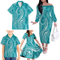 Polynesia Plumeria Lei Family Matching Off The Shoulder Long Sleeve Dress and Hawaiian Shirt Teal Curves Motif LT7 - Polynesian Pride