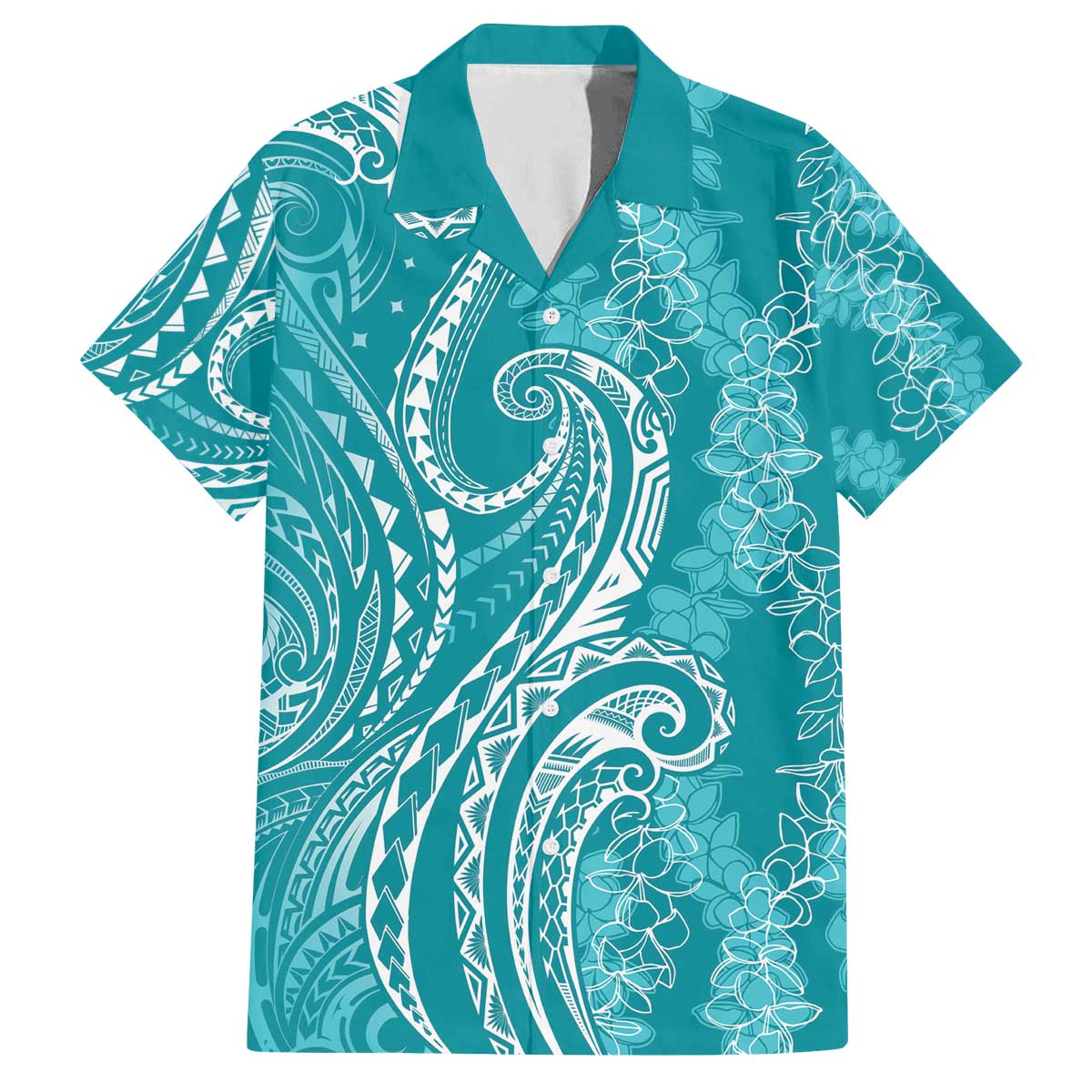 Polynesia Plumeria Lei Family Matching Off The Shoulder Long Sleeve Dress and Hawaiian Shirt Teal Curves Motif LT7 Dad's Shirt - Short Sleeve Teal - Polynesian Pride