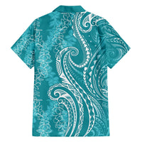 Polynesia Plumeria Lei Family Matching Off The Shoulder Long Sleeve Dress and Hawaiian Shirt Teal Curves Motif LT7 - Polynesian Pride