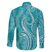 Polynesia Plumeria Lei Family Matching Off The Shoulder Long Sleeve Dress and Hawaiian Shirt Teal Curves Motif LT7 - Polynesian Pride