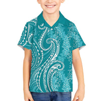 Polynesia Plumeria Lei Family Matching Off The Shoulder Long Sleeve Dress and Hawaiian Shirt Teal Curves Motif LT7 Son's Shirt Teal - Polynesian Pride