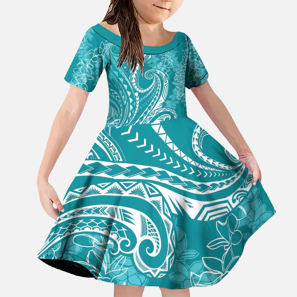 Polynesia Plumeria Lei Family Matching Off Shoulder Maxi Dress and Hawaiian Shirt Teal Curves Motif LT7 Daughter's Dress Teal - Polynesian Pride