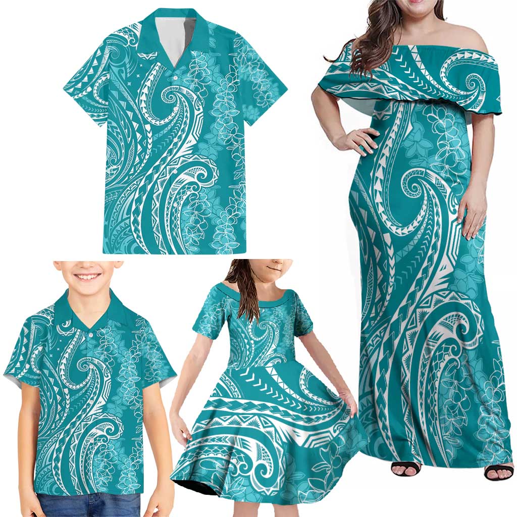 Polynesia Plumeria Lei Family Matching Off Shoulder Maxi Dress and Hawaiian Shirt Teal Curves Motif LT7 - Polynesian Pride