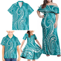 Polynesia Plumeria Lei Family Matching Off Shoulder Maxi Dress and Hawaiian Shirt Teal Curves Motif LT7 - Polynesian Pride