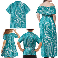 Polynesia Plumeria Lei Family Matching Off Shoulder Maxi Dress and Hawaiian Shirt Teal Curves Motif LT7 - Polynesian Pride
