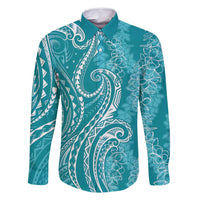 Polynesia Plumeria Lei Family Matching Off Shoulder Maxi Dress and Hawaiian Shirt Teal Curves Motif LT7 Dad's Shirt - Long Sleeve Teal - Polynesian Pride