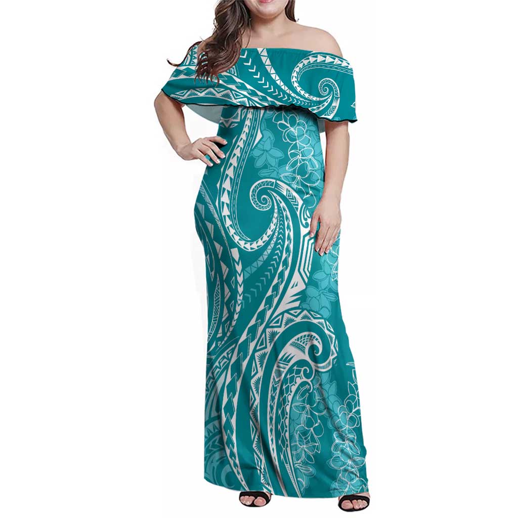 Polynesia Plumeria Lei Family Matching Off Shoulder Maxi Dress and Hawaiian Shirt Teal Curves Motif LT7 Mom's Dress Teal - Polynesian Pride