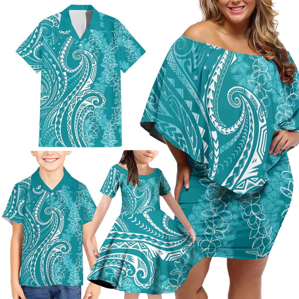 Polynesia Plumeria Lei Family Matching Off Shoulder Short Dress and Hawaiian Shirt Teal Curves Motif LT7 - Polynesian Pride