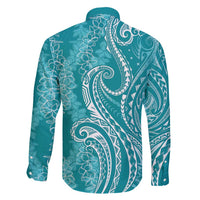 Polynesia Plumeria Lei Family Matching Off Shoulder Short Dress and Hawaiian Shirt Teal Curves Motif LT7 - Polynesian Pride