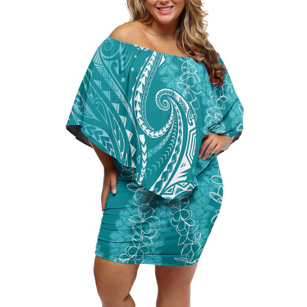 Polynesia Plumeria Lei Family Matching Off Shoulder Short Dress and Hawaiian Shirt Teal Curves Motif LT7 Mom's Dress Teal - Polynesian Pride