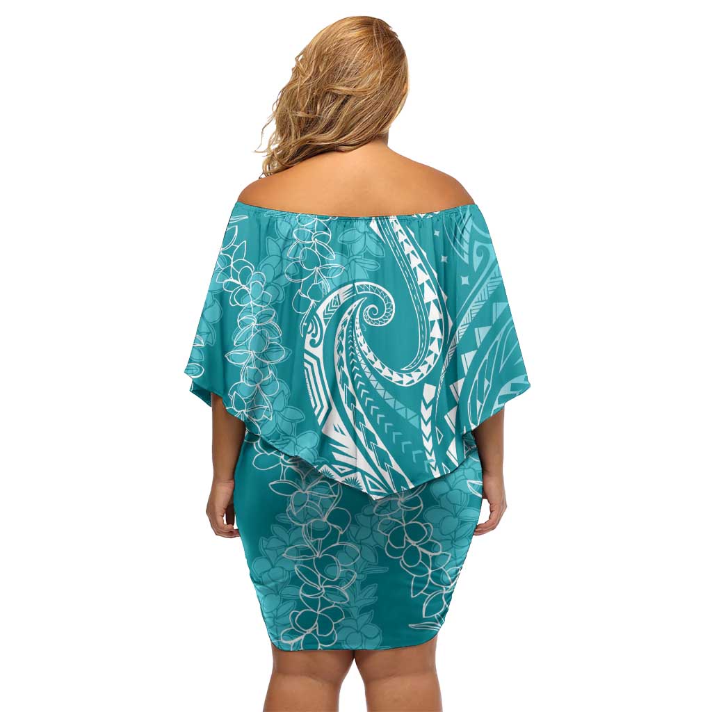 Polynesia Plumeria Lei Family Matching Off Shoulder Short Dress and Hawaiian Shirt Teal Curves Motif LT7 - Polynesian Pride