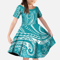 Polynesia Plumeria Lei Family Matching Puletasi and Hawaiian Shirt Teal Curves Motif LT7 Daughter's Dress Teal - Polynesian Pride
