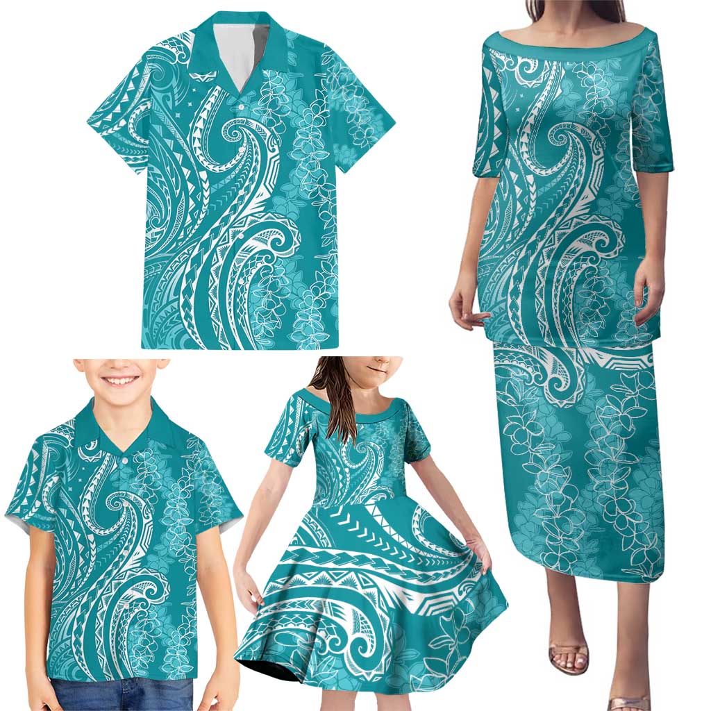 Polynesia Plumeria Lei Family Matching Puletasi and Hawaiian Shirt Teal Curves Motif LT7 - Polynesian Pride