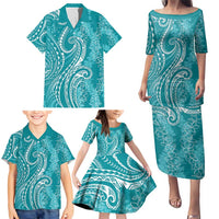 Polynesia Plumeria Lei Family Matching Puletasi and Hawaiian Shirt Teal Curves Motif LT7 - Polynesian Pride