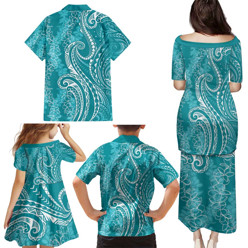 Polynesia Plumeria Lei Family Matching Puletasi and Hawaiian Shirt Teal Curves Motif LT7 - Polynesian Pride