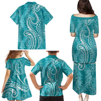 Polynesia Plumeria Lei Family Matching Puletasi and Hawaiian Shirt Teal Curves Motif LT7 - Polynesian Pride