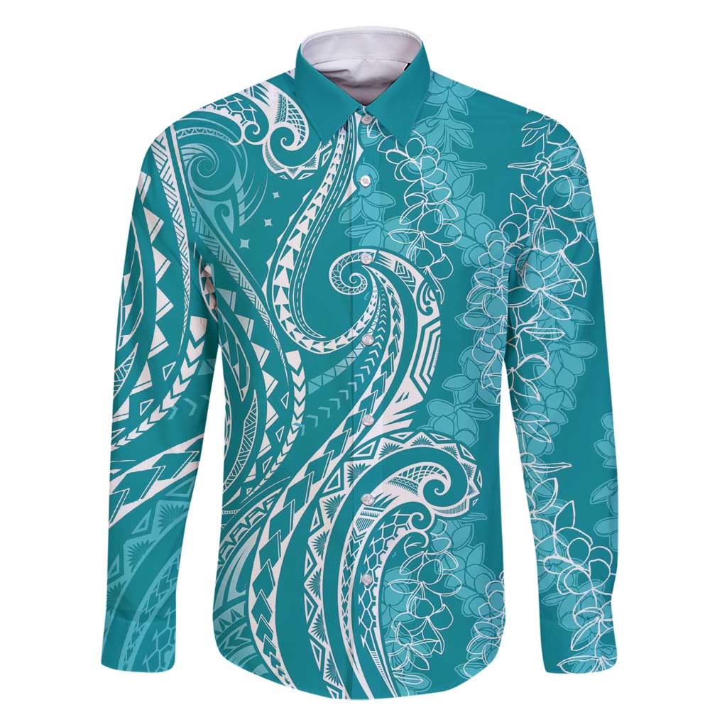 Polynesia Plumeria Lei Family Matching Puletasi and Hawaiian Shirt Teal Curves Motif LT7 Dad's Shirt - Long Sleeve Teal - Polynesian Pride